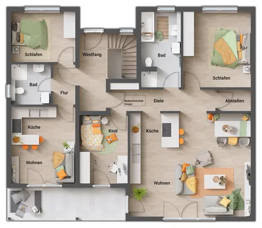 Grundriss-Bungalow-128-Erdgeschoss-Einliegerwohnung-Einlieger-mit-Keller