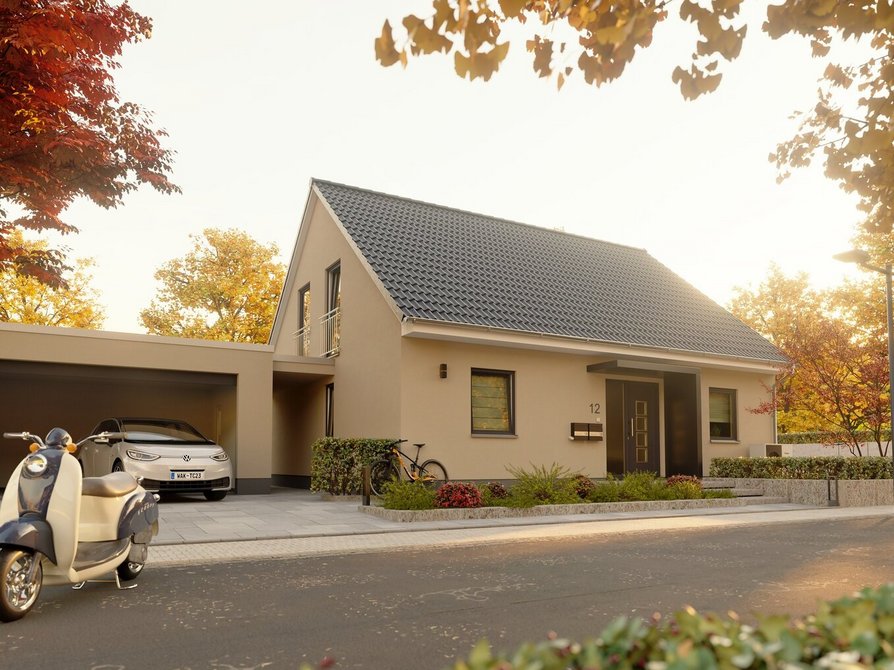 Blick von der Straße auf das Mitwachshauses Flair 148 in der Variante Trend mit optionalem Carport, Satteldach in Anthrazit, bodentiefe Fenster im Obergeschoss für lichtdurchflutete Räume und einem Vordach im Eingangsbereich