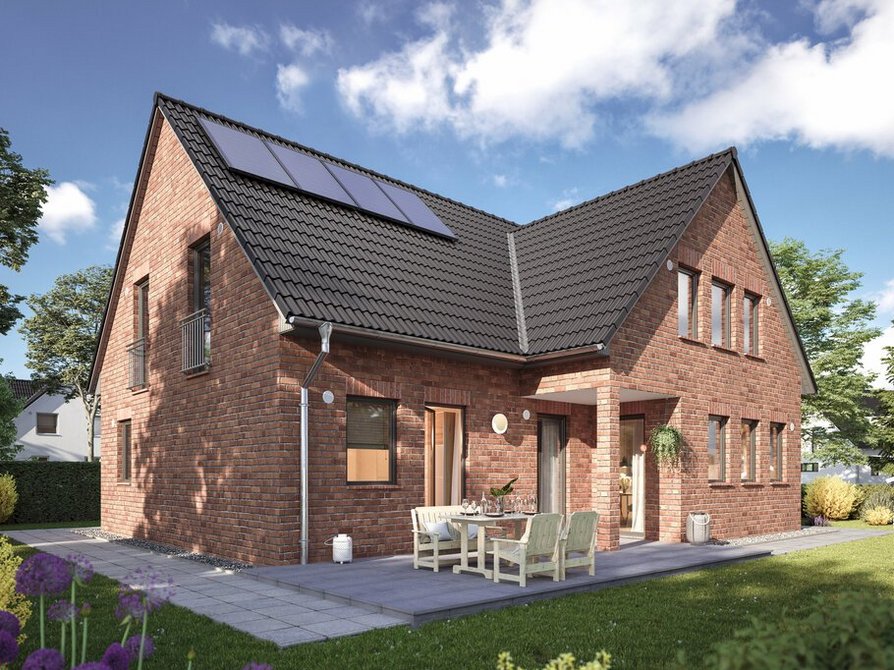 Das Domizil 192 in der Klinker-Ausführung bietet einen malerischen Gartenblick von der Terrasse aus und präsentiert sich als Zweifamilienhaus