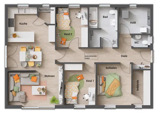 Grundriss Variante 1 mit Speisekammer und Ankleide Bungalow 110 Grundrissvariante mit Eingang an der Walmseite, Ankleide im Schlafzimmer und Speisekammer in der Küche