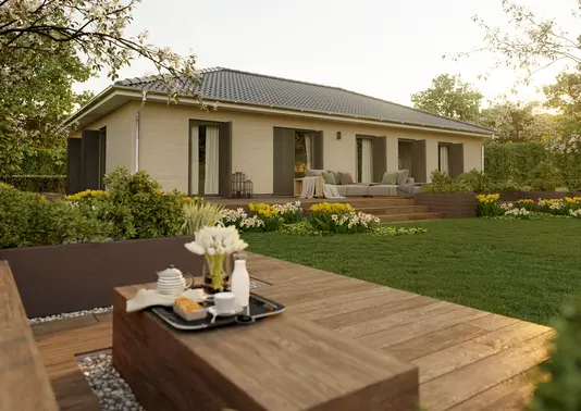 Bungalow-131 Die fünfte Variante des Bungalow 131 bietet ein großzügiges Wohlfühlbad, eine integrierte Ankleide im Schlafzimmer und eine minimalistische Planung, die bewusst auf ein Gäste-WC verzichtet.