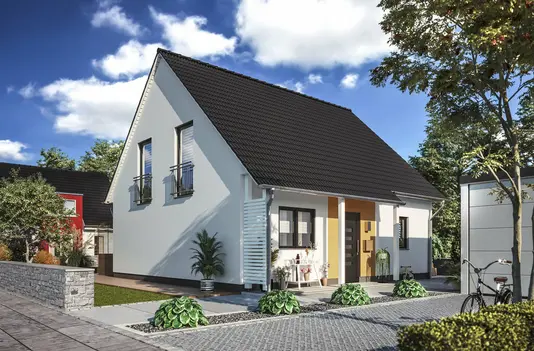 Flair-125-Vordach Straßenansicht eines schönen Einfamilienhauses.